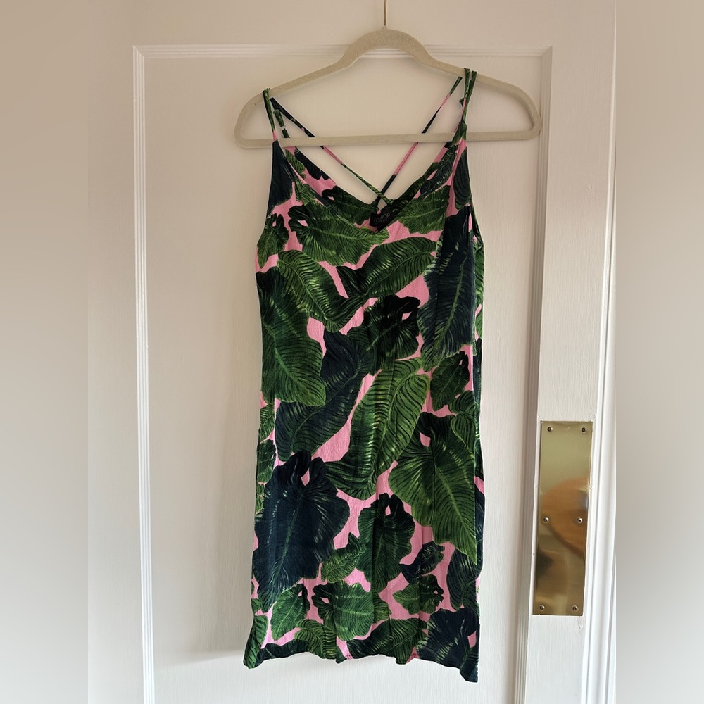 TopShop Tropical Palm Leaf Print Mini Dress Green Pink